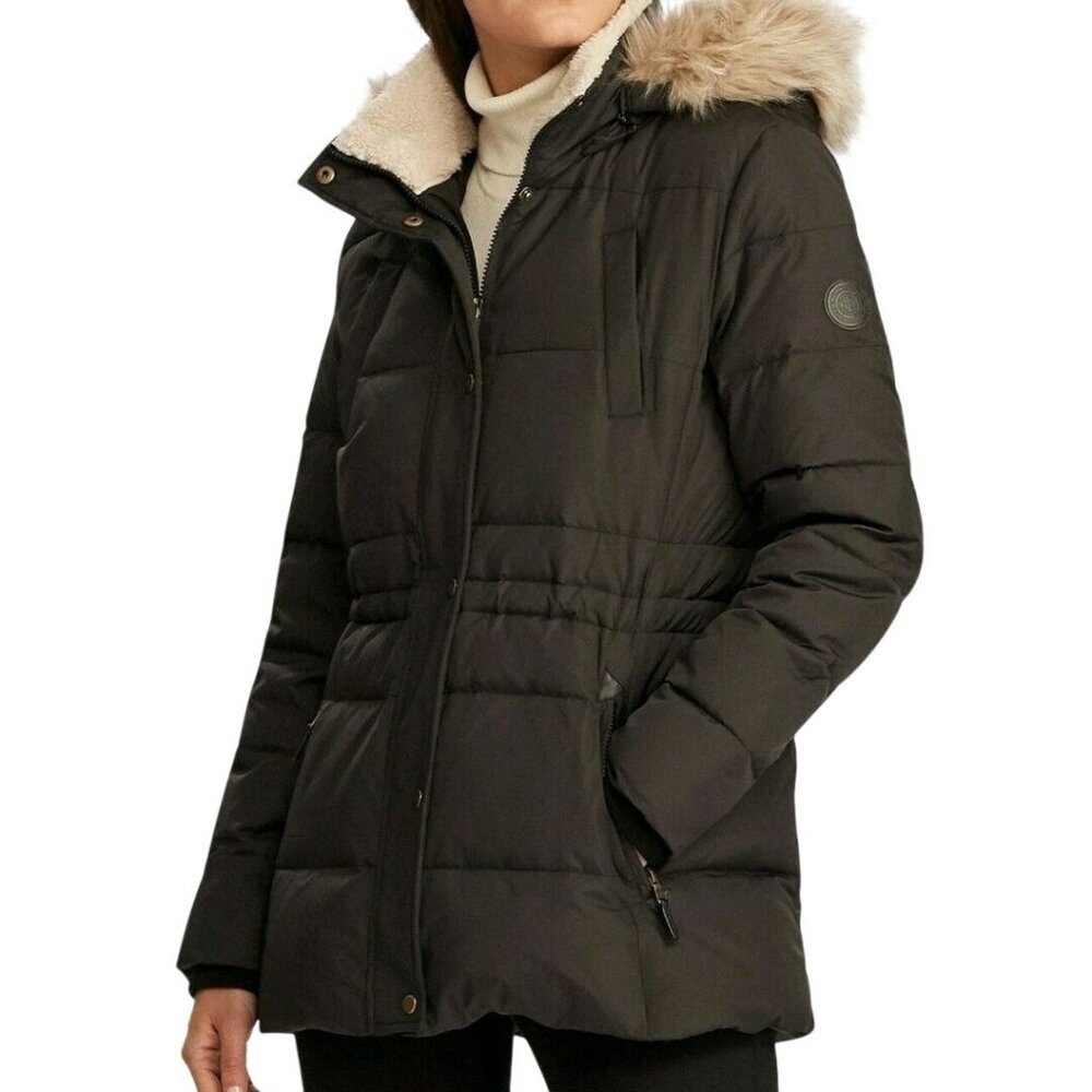 Lauren Ralph Lauren Black Label Faux Fur Trim Hooded Down Puffer Jacket Size M